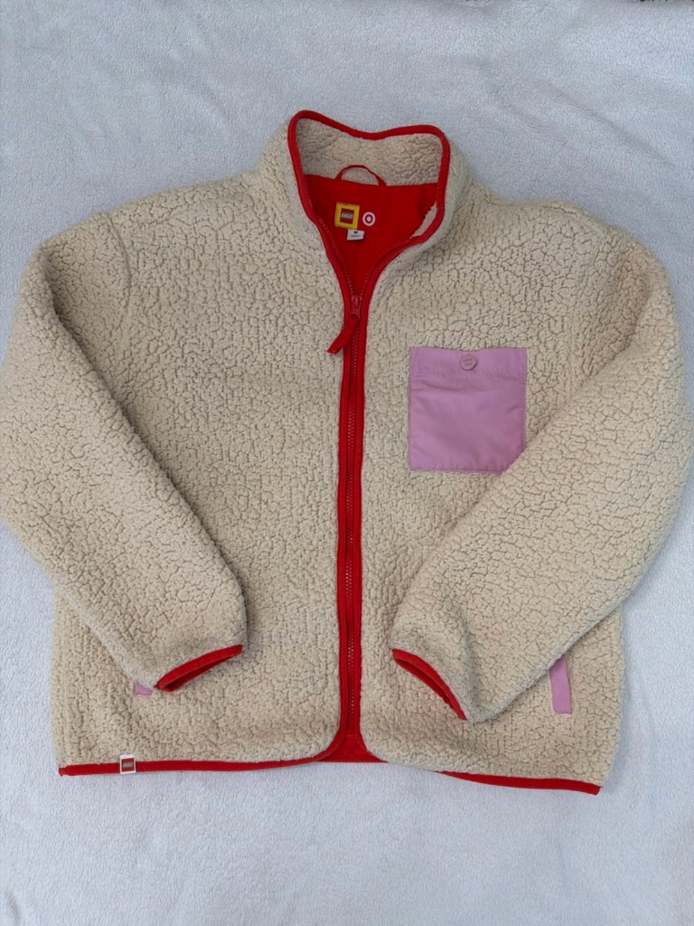 LEGO x Target Sherpa Fleece Jacket Cream Pink Red Full Zip Cozy Adult Medium